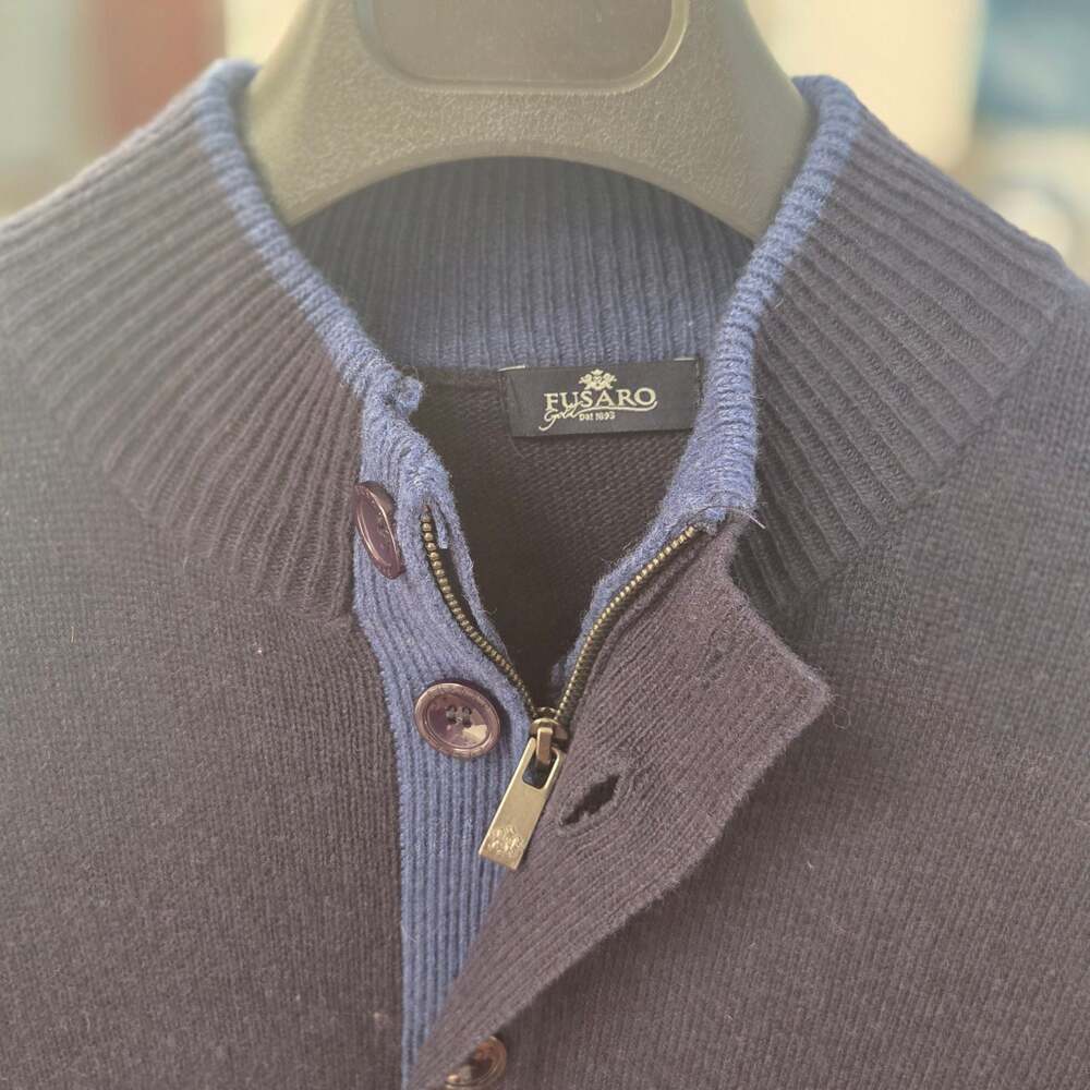 Fusaro Gold Mens Navy Blue Mock Neck Lambswool Zip/Button Cardigan Sweater (L)